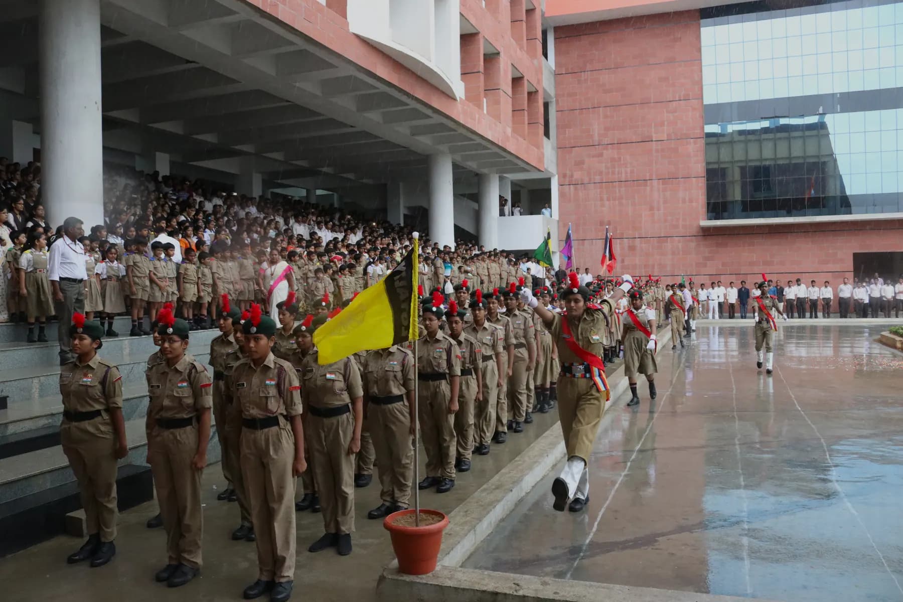 Students assembled in front of an academic block on the VVIT University campus at Nambur